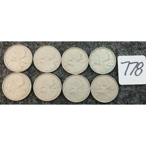 LOT OF 8 - 1954 CDN 25 CENT COINS