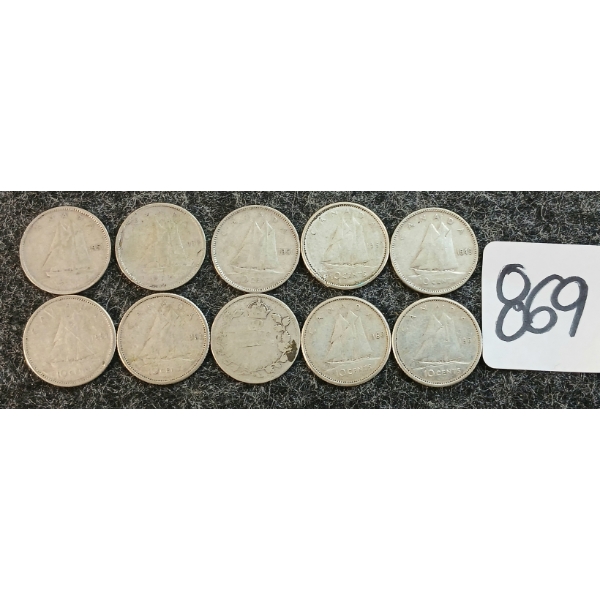 LOT OF 10 - 1949-1962 CDN 10 CENT COINS