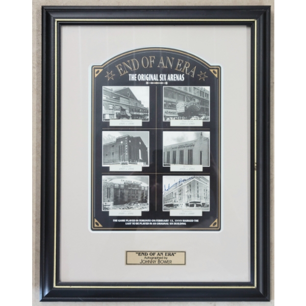 "END OF AN ERA" ORIGINAL 6 ARENAS - FRAMED PRINT - AUTOGRAPHED BY JOHNNY BOWER