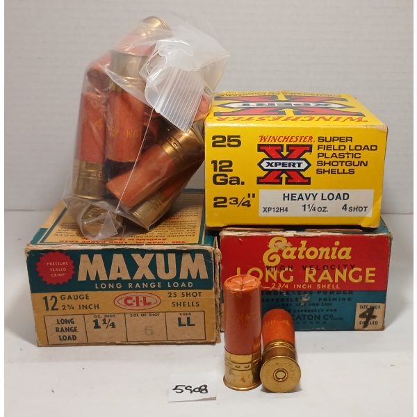 AMMO: 84X MIXED 12GA - 2 3/4IN - #4 & BB SHOT - INCL PAPER LABELS - COLLECTOR'S BOXES 