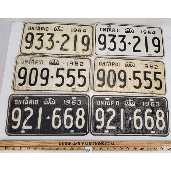 LOT OF 3 - PAIRS OF ONTARIO LICENCE PLATES - INCL 1962-1964