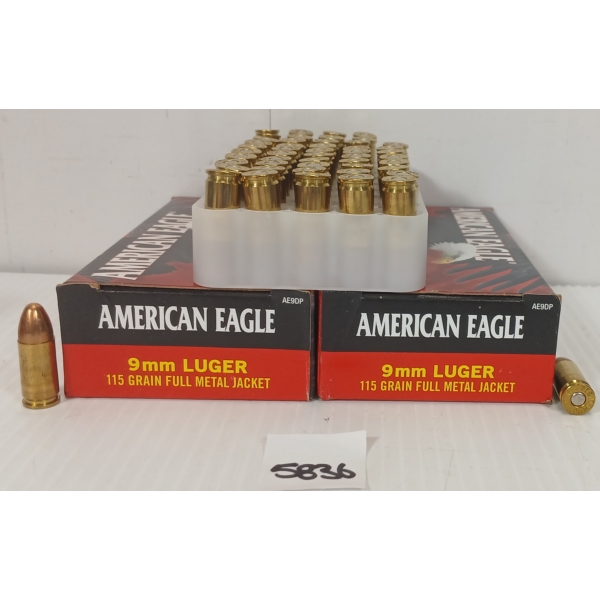 AMMO: 100X FEDERAL AMERICAN EAGLE 9MM LUGER - 115GR - FMJ