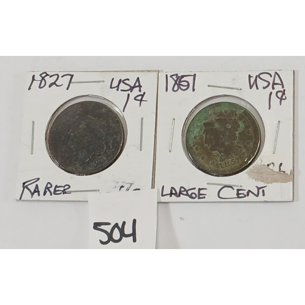 LOT OF 2 - U.S. LARGE PENNIES - INCL 1827 & 1851