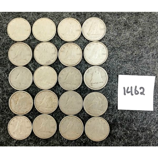 LOT OF 20 - 1955-1966 CDN 10 CENT SILVER COINS 