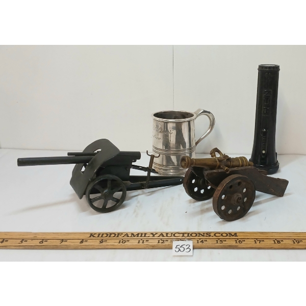 LOT OF 4 - WWII RCN FLASHLIGHT, MODEL CANNONS & PEWTER MUG