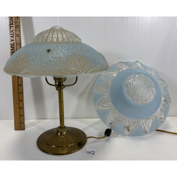 BOUDOIR LAMP W/ EXTRA SHADE - BRASS BASE & BLUE TONE GLASS SHADE