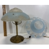Image 1 : BOUDOIR LAMP W/ EXTRA SHADE - BRASS BASE & BLUE TONE GLASS SHADE