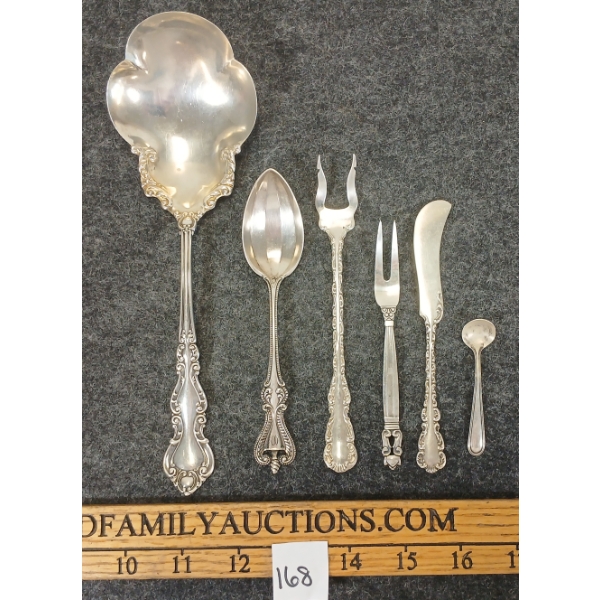 LOT OF 6 - STERLING SILVER UTENSILS - INCL SERVING SPOON & PICKLE FORK, ETC
