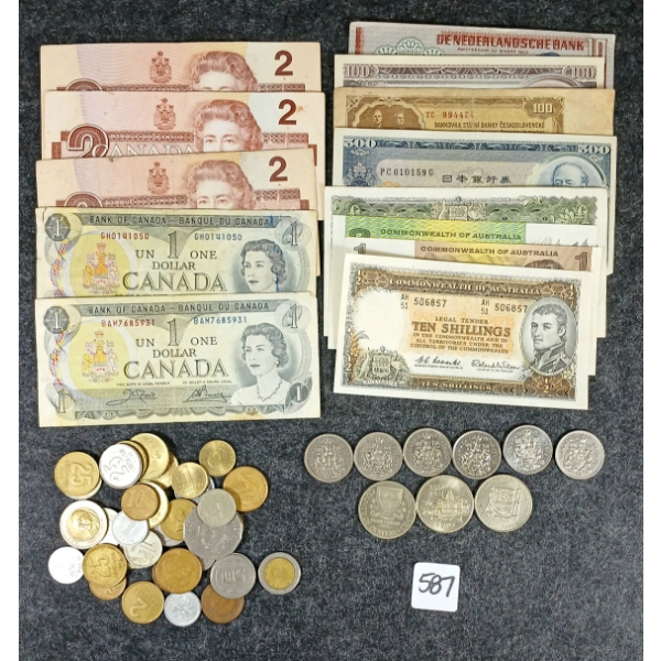 JOB LOT - MISC COINS & BANKNOTES - INCL 1986 CDN $2 BANKNOTE, ETC