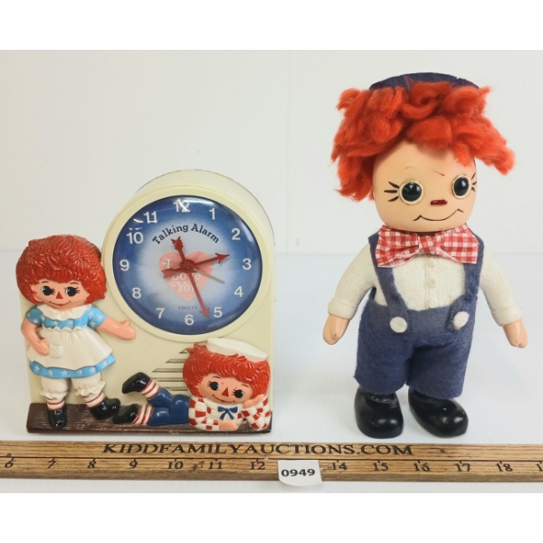 LOT OF 2 - JANEX CO. RAGGEDY ANN & ANDY TALKING ALARM CLOCK & COIN BANK