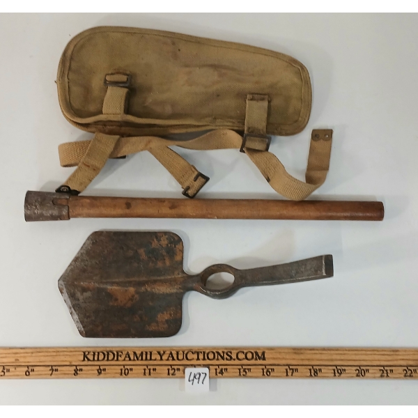 1945 CDN E-TOOL W/ MATTOCK HEAD, HANDLE & CANVAS CARRIER