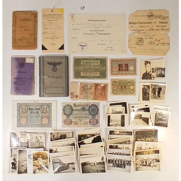 JOB LOT - WWI & WWII GERMAN PHOTOGRAPHS, CASUALTY TAG, TRAVEL PERMIT, POCKET BOOK, ETC