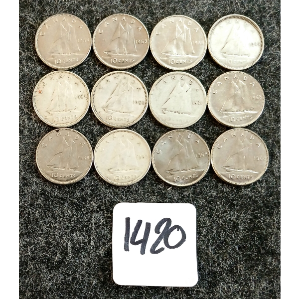 LOT OF 12 - 1941-1968 CDN 10 CENT COINS