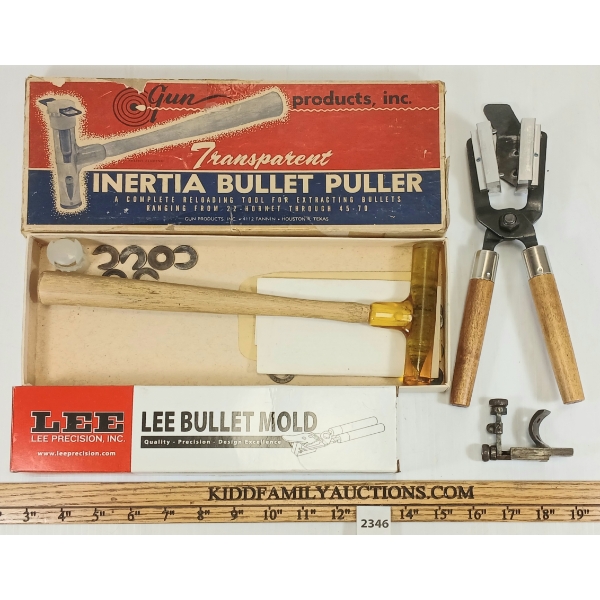 LOT OF 3 - LEE DOUBLE CAVITY .225 BULLET MOULD, UNKNOWN REAR PEEP SIGHT & INERTIA BULLET PULLER