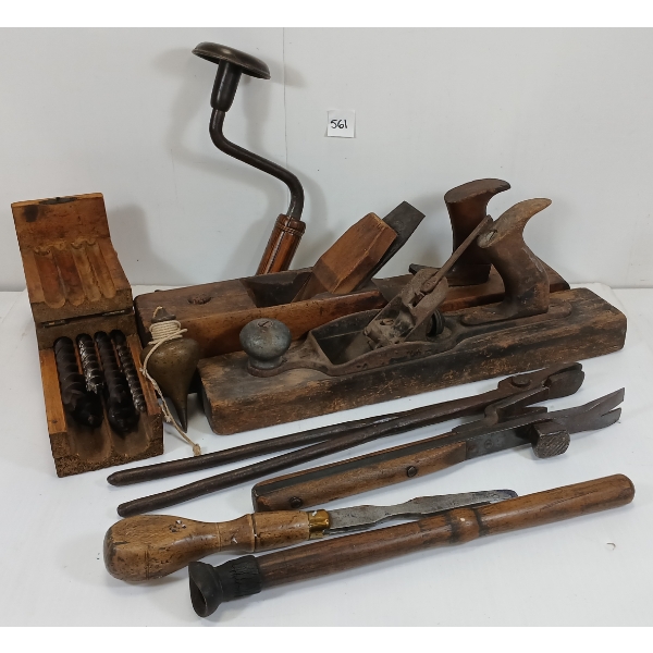 LOT OF 8 - PRIMITIVE CHISEL, PLANES, DRILL BITS, ETC