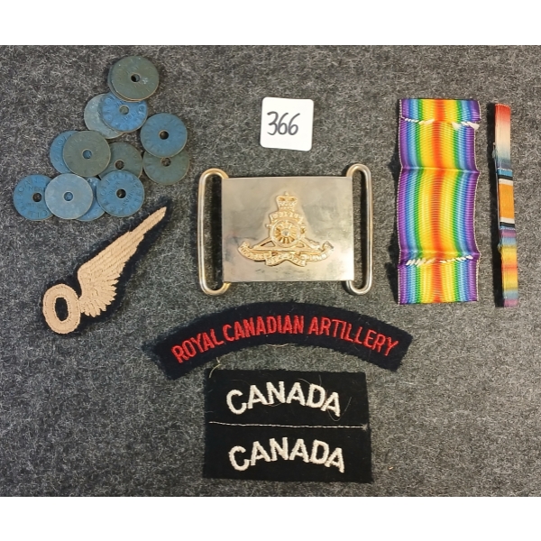 JOB LOT - ROYAL AIR FORCE OBSERVER PATCH, MEAT RATION TOKENS, ARTILLERY REGIMENT BUCKLE, ETC