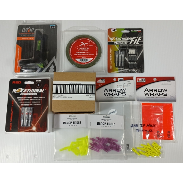 LOT OF 10 - ARCHERY - OMP AXIS SIGHT LEVELER, LIGHTED NOCKS, ARROWSAW, ETC