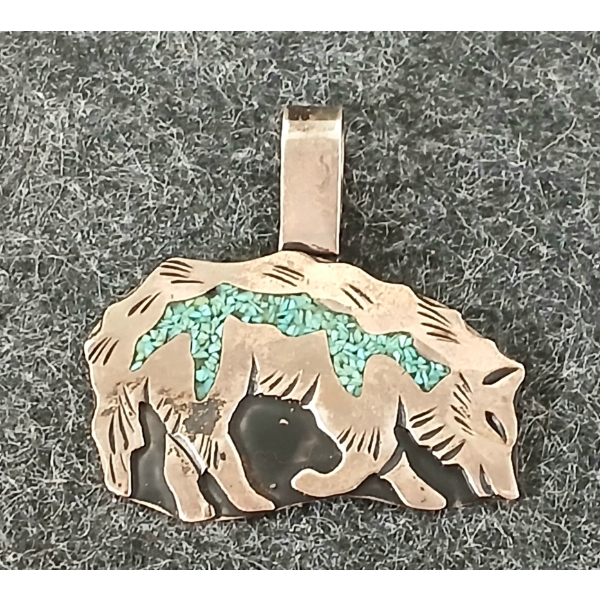 TURQUOISE & STERLING SILVER HAND CRAFTED WOLF PENDANT