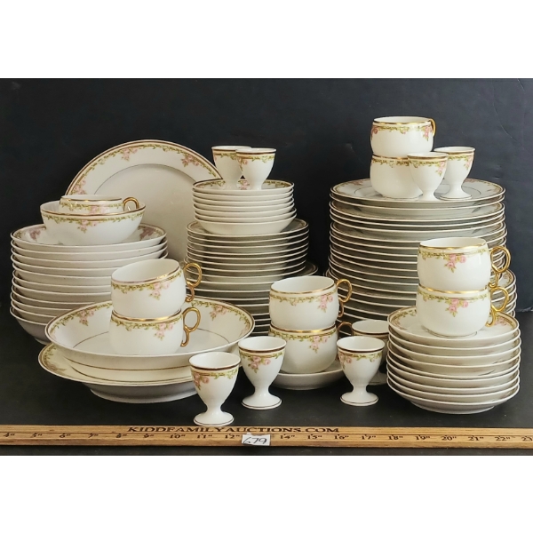 LOT OF 86 - LIMOGES FRANCE ELITE WORKS PINK ROSE & GOLD CHINA - INCL SOUP BOWLS, DINNER PLATES, ETC