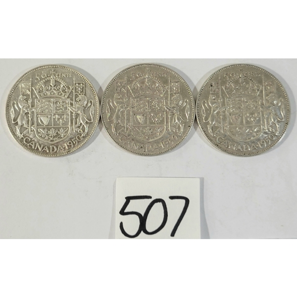 LOT OF 3 - 1950 CDN 50 CENT SILVER COINS