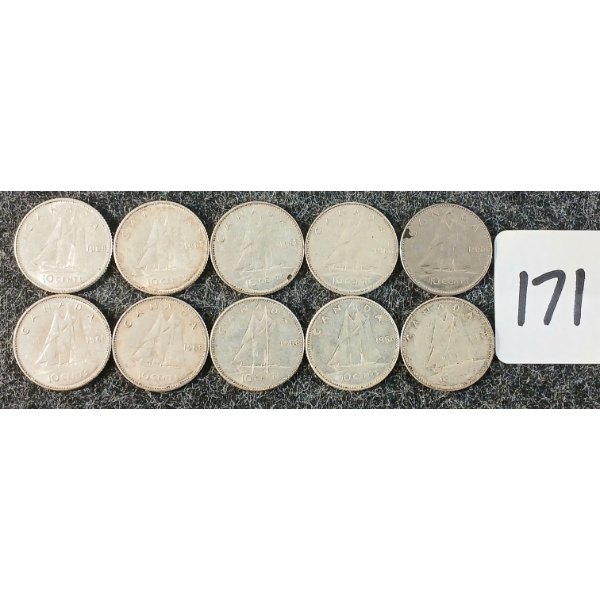 LOT OF 10 - 1968 CDN 10 CENT COINS
