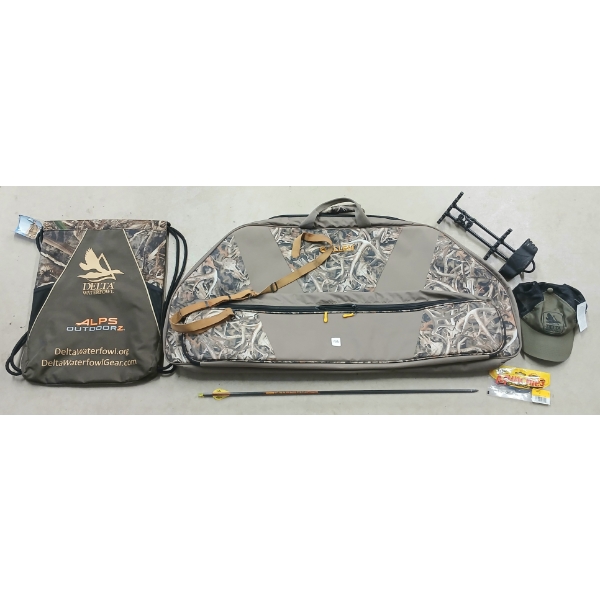 LOT OF 6 - ALLEN CROSSBOW CASE, DELTA HAT & BAG, ETC