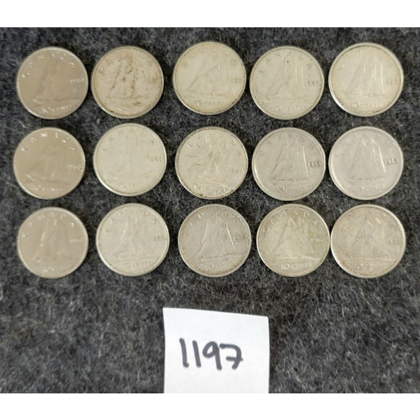 LOT OF 15 - 1943-1968 CDN SILVER DIMES