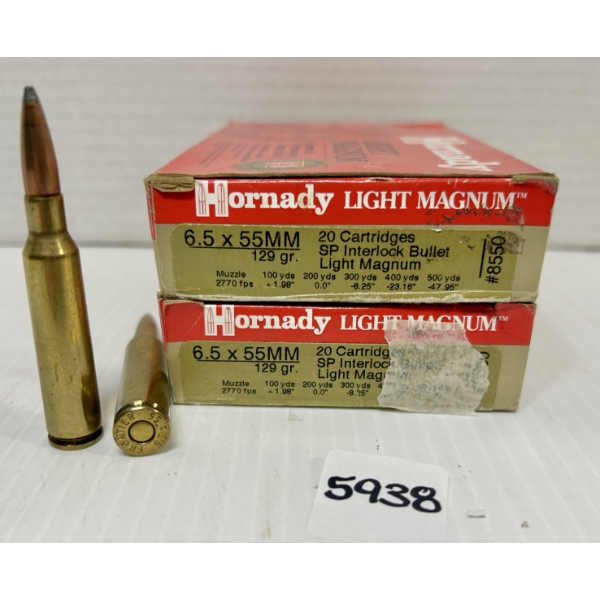 AMMO: 40X HORNADY 6.5X55 - 129 GR.