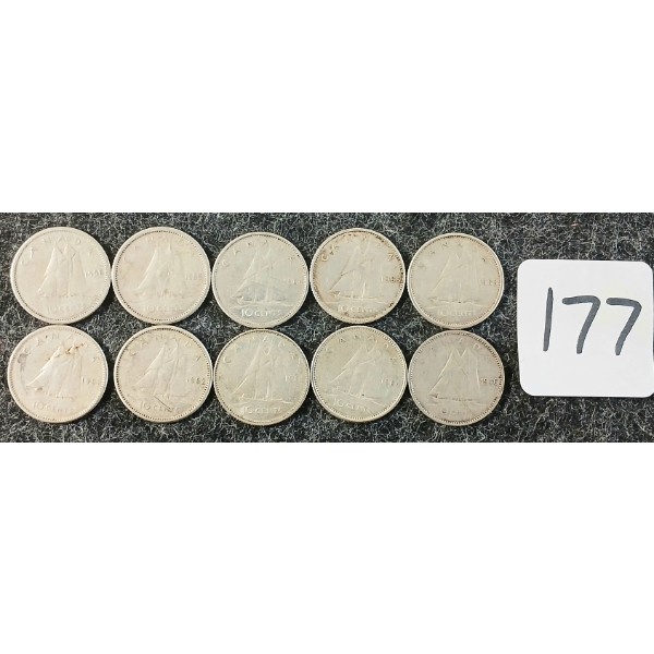 LOT OF 10 - 1946, 1955, 1956, 1962, 1963, 1964, 1966, 1968 CDN 10 CENT COINS