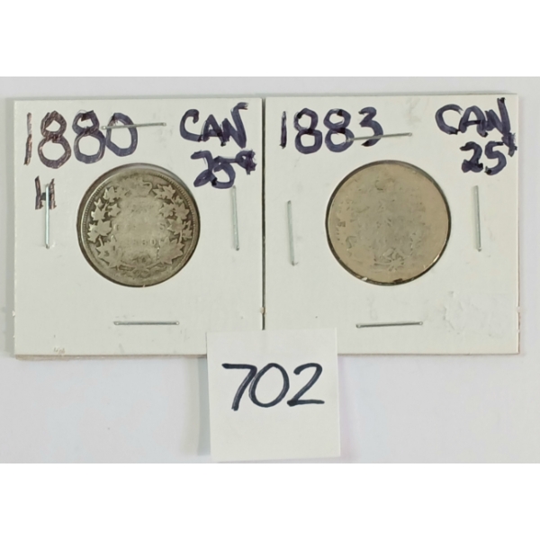 LOT OF 2 - 1880 & 1883 CDN 25 CENT SILVER COINS