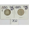 LOT OF 2 - 1880 & 1883 CDN 25 CENT SILVER COINS