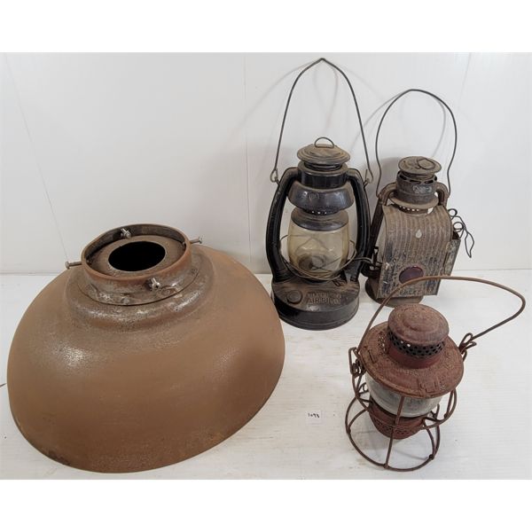 LOT OF 4 - LANTERNS & LAMP SHADE - INCL RAILWAY, AIR PILOT, ETC