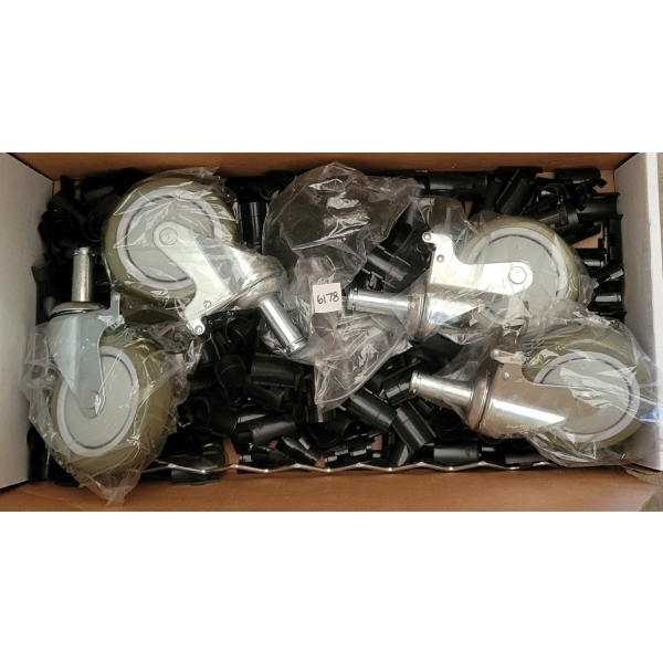 QTY OF SHELF CLIPS & 4 LOCKING WHEELS FOR ULINE SHELVING