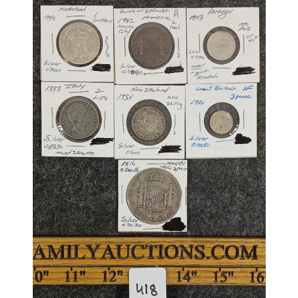 LOT OF 7 - 1782-1940 MISC SILVER WORLD COINS - INCL NETHERLANDS, NEW ZEALAND, MEXICO, ETC