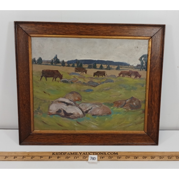 1875-1955 "COWS IN MEADOW" BY T.G. GREENE - FRAMED OIL ON BOARD