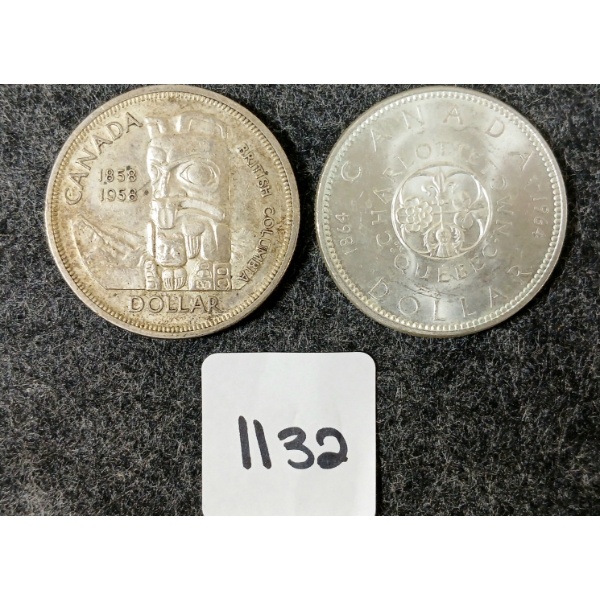 LOT OF 2 - 1958 & 1964 CDN SILVER DOLLARS - BRITISH COLUMBIA & CHARLOTTETOWN