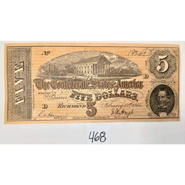 1864 THE CONFEDERATE STATES OF AMERICA $5 BANKNOTE