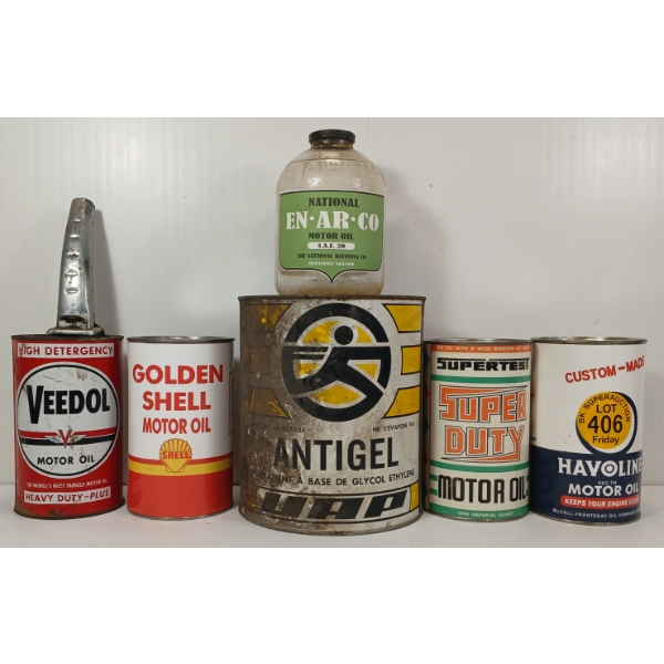 LOT OF 6 - MISC MOTOR OIL CANS - EN-AR-CO, HAVOLINE, SHELL, ETC