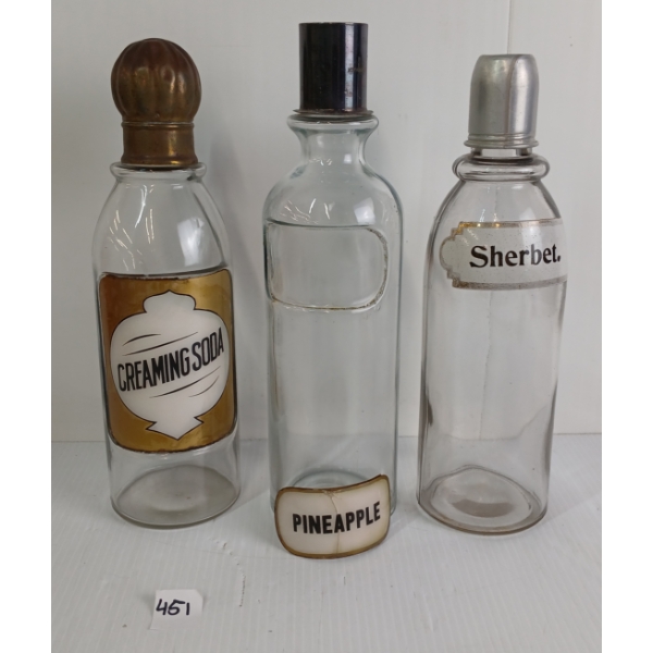LOT OF 3 - BACK BAR SYRUP BOTTLES - INCL CREAMING SODA, SHERBERT & PINEAPPLE