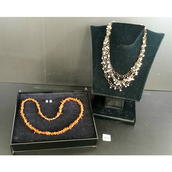 LOT OF 3 - CULTURED PEARL STUD EARRINGS, FRESH WATER STRING & CORAL NECKLACES