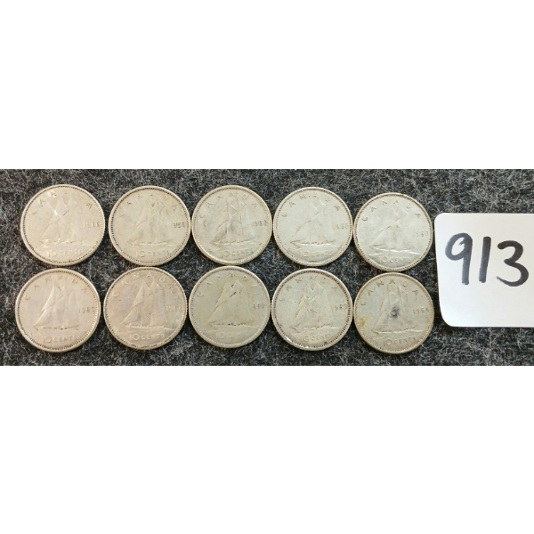 LOT OF 10 - 1957-1966 CDN 10 CENT COINS