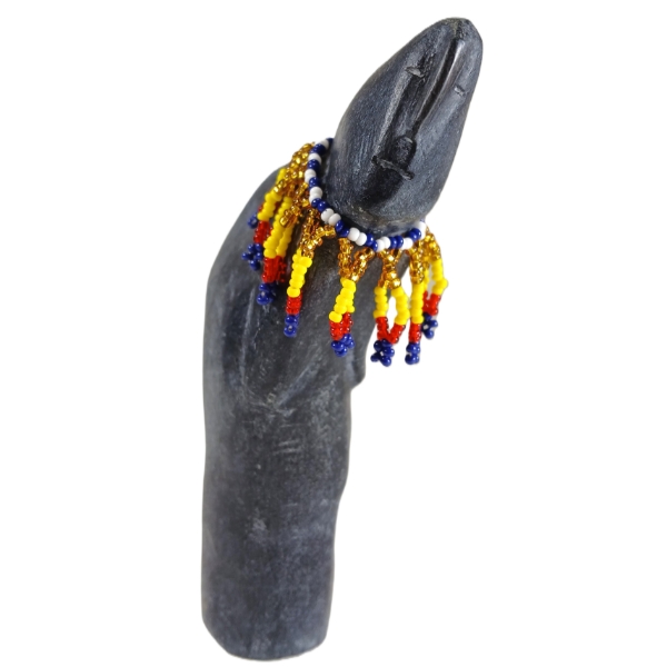 "FIGURE W/ HUNCHED BACK & BEAD WORK" BY MARY TUTSWEETOK (PRS CDN ARTIST) - STONE & BEADS