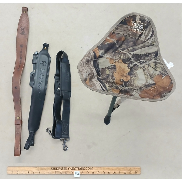LOT OF 4 - TARGUS & WINCHESTER LEATHER SLINGS & TIMBER RIDGE FOLDING STOOL