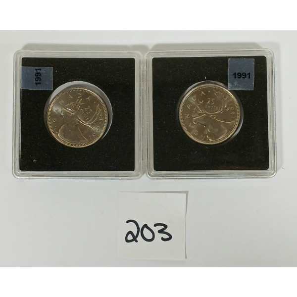LOT OF 2 - 1991 CDN 25 CENT UNCIRCULATED PCS