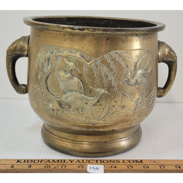 CHINESE CRANE MOTIF BRASS PLANTER
