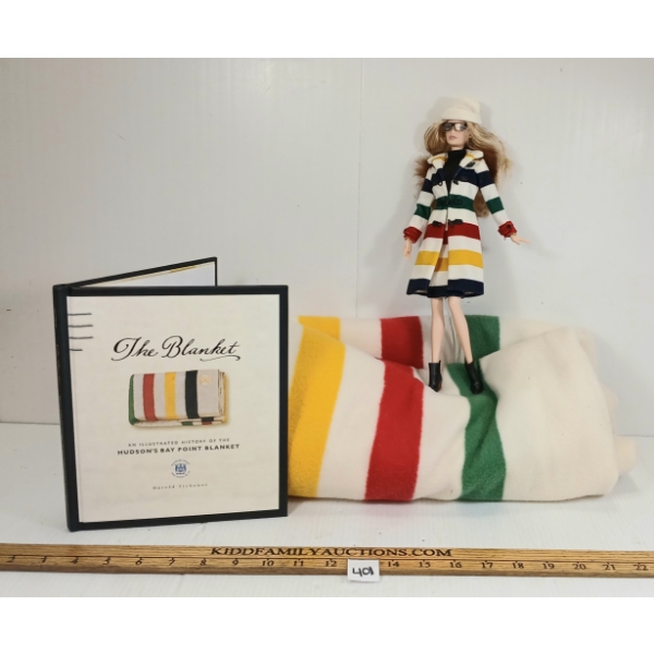 LOT OF 3 - HUDSON'S BAY FLEECE THROW BLANKET, BARBIE & ILLUSTRATED BOOK