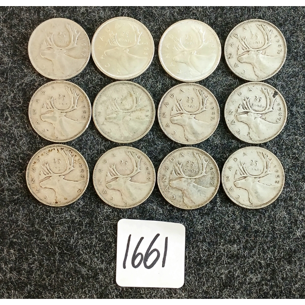LOT OF 12 - 1947-1965 CDN 25 CENT COINS 