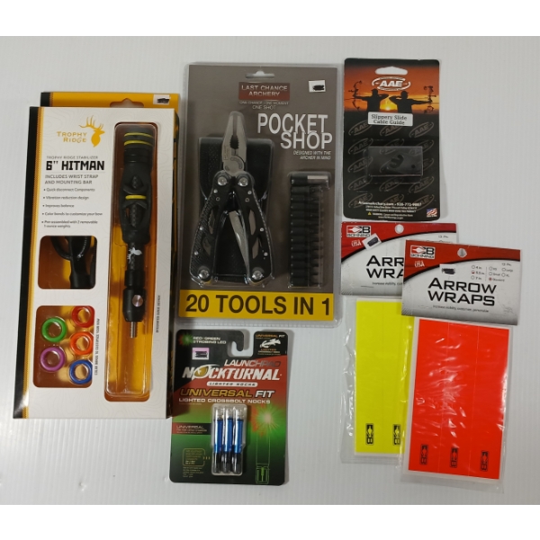 LOT OF 6 - TROPHY RIDGE 6IN HITMAN STABILIZER, POCKET SHOP, LIGHTED NOCKS, ETC