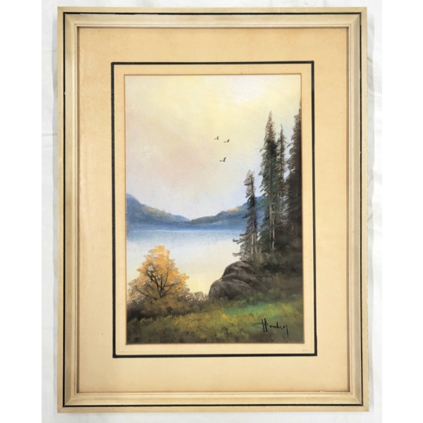 SUNRISE LAKE BY HUNCHLEY - FRAMED OIL PASTEL ON PAPER