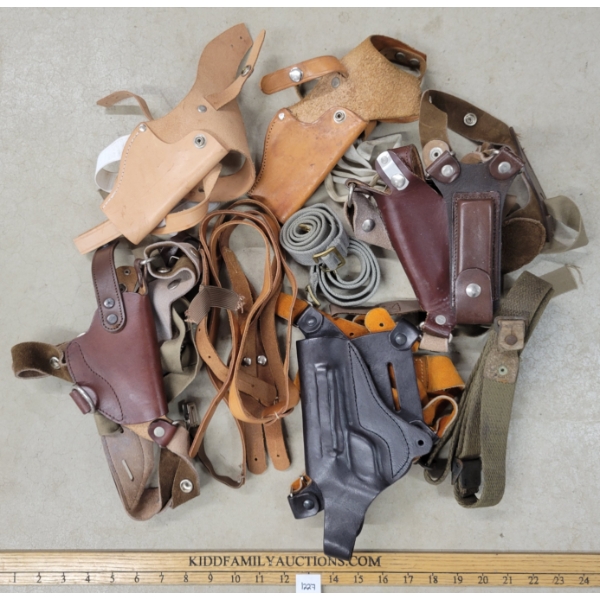 LOT OF 8 - LEATHER PISTOL HOLSTERS & BELTS 
